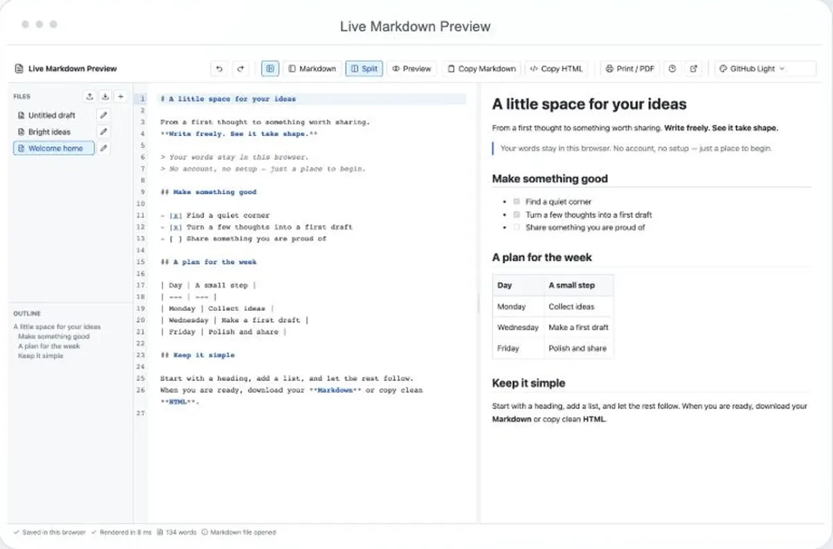 Live Markdown Preview editor with source and preview side by side