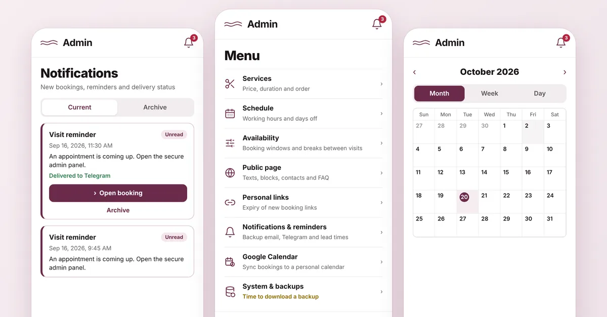 Torhair admin: notifications, menu and calendar screens