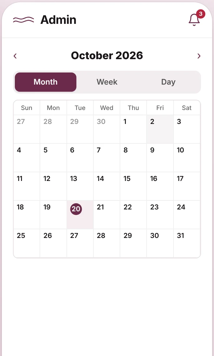 Calendar screen with month, week and day views