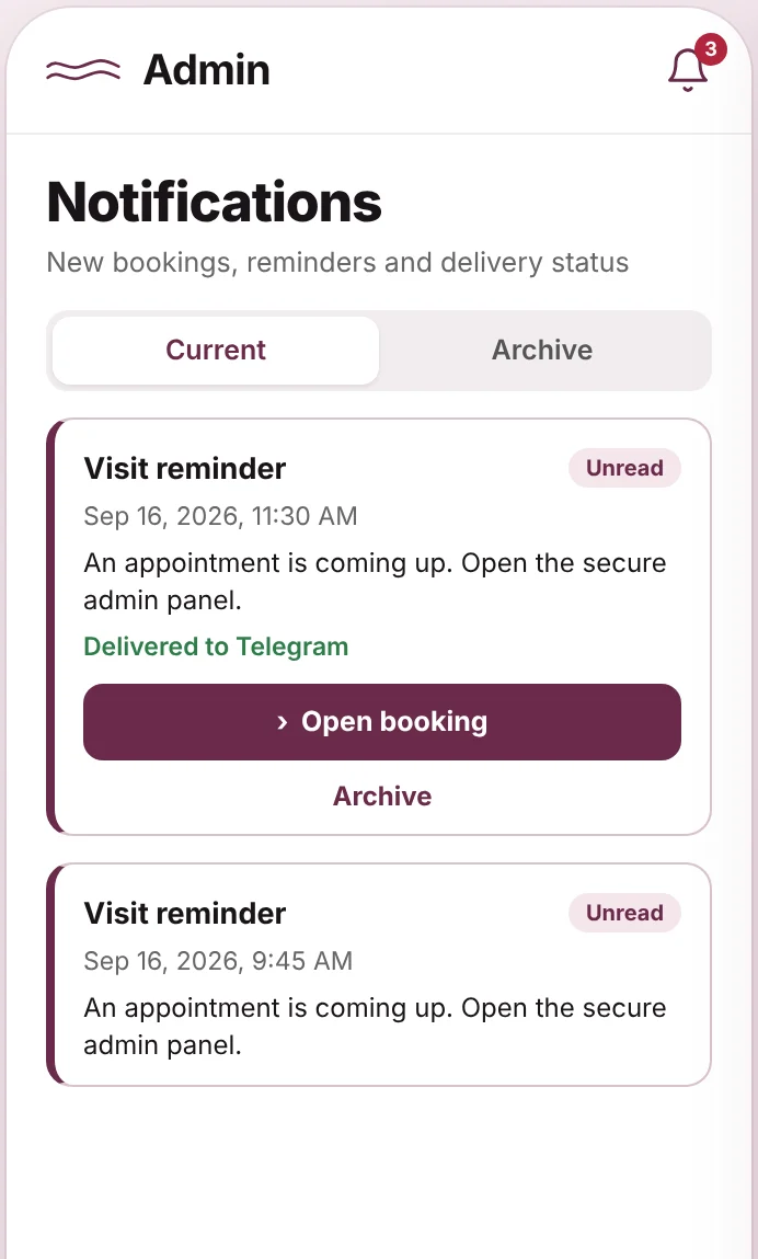 Notifications screen with visit reminders and Telegram delivery status